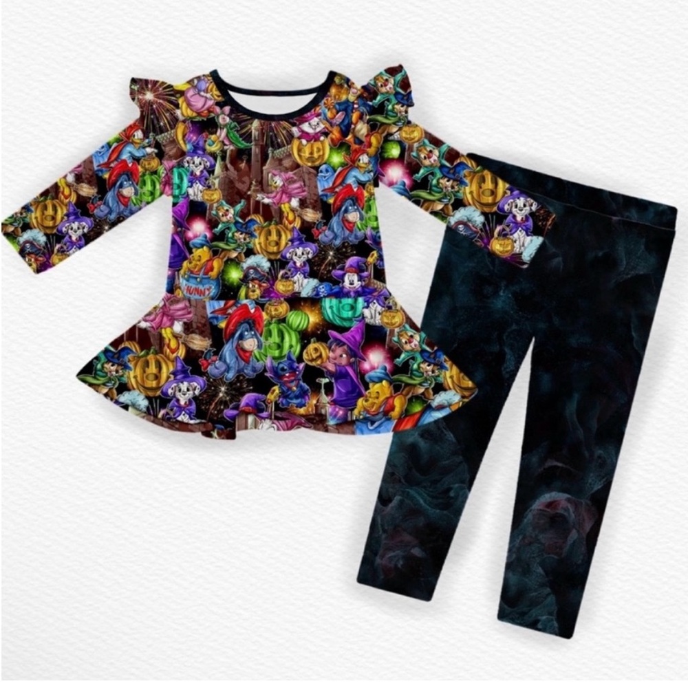 Colorful Halloween Print Dress and Leggings Set